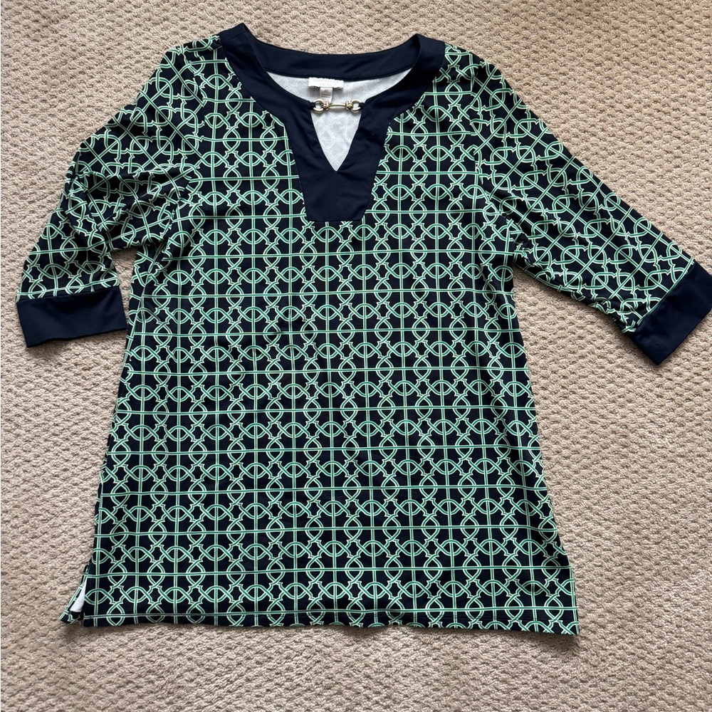 Charter club navy green white Geometric Patterned Tunic Top 0x